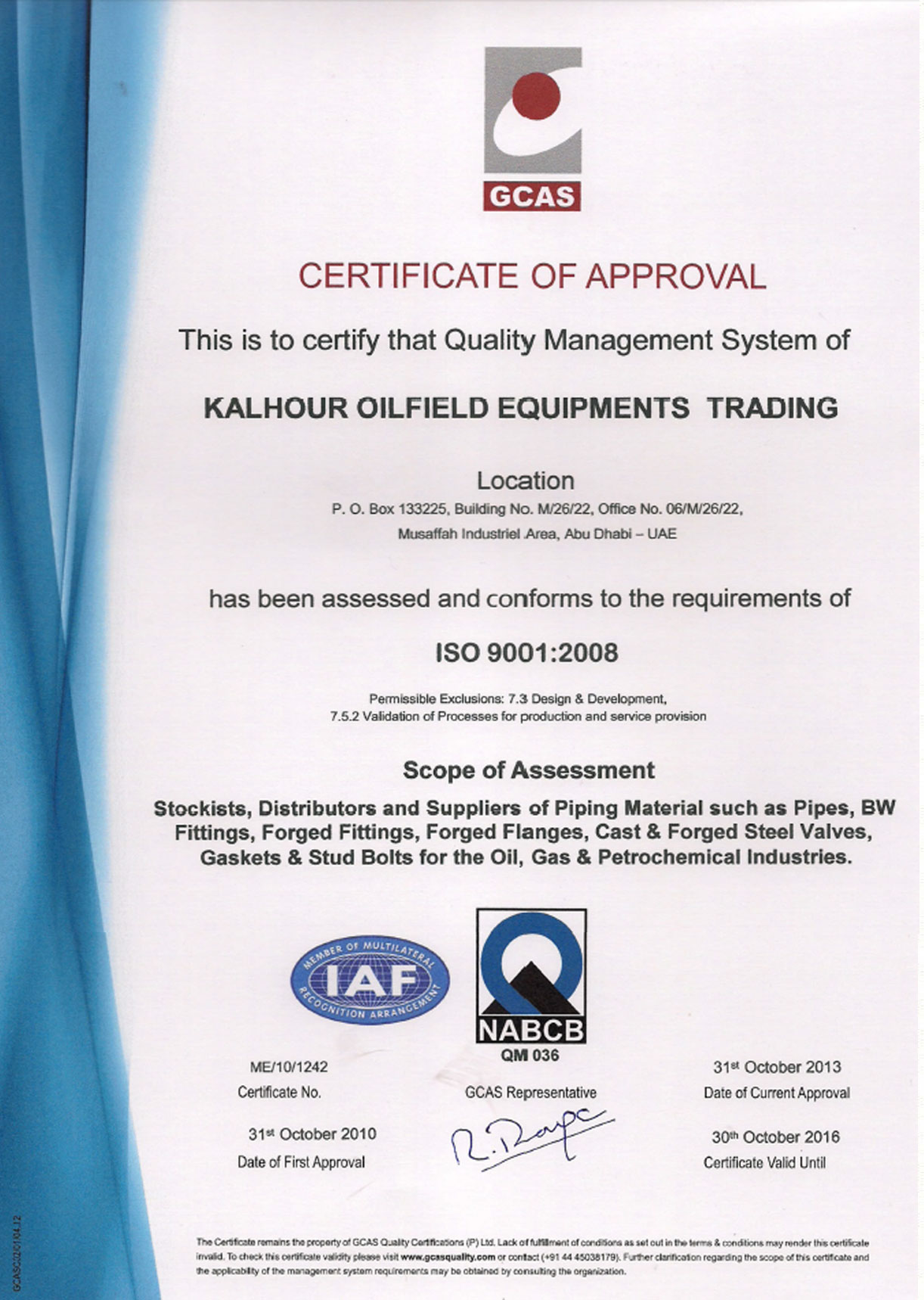 Kalhour Trading ISO 9001 2008 Abu Dhabi Certificate